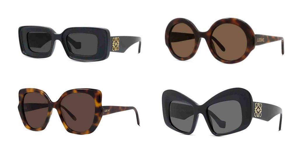 Four pairs of Loewe sunglasses: Anagram LW40101I, Slim LW401351, Slim LW401331, Anagram LW40101I, and Anagram LW40128I