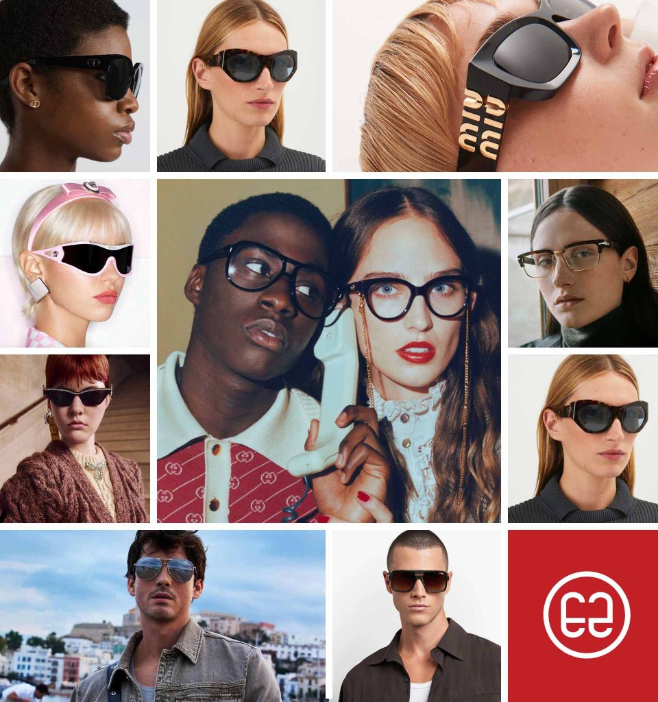 A collage of photos featuring people wearing various brands of eyewear