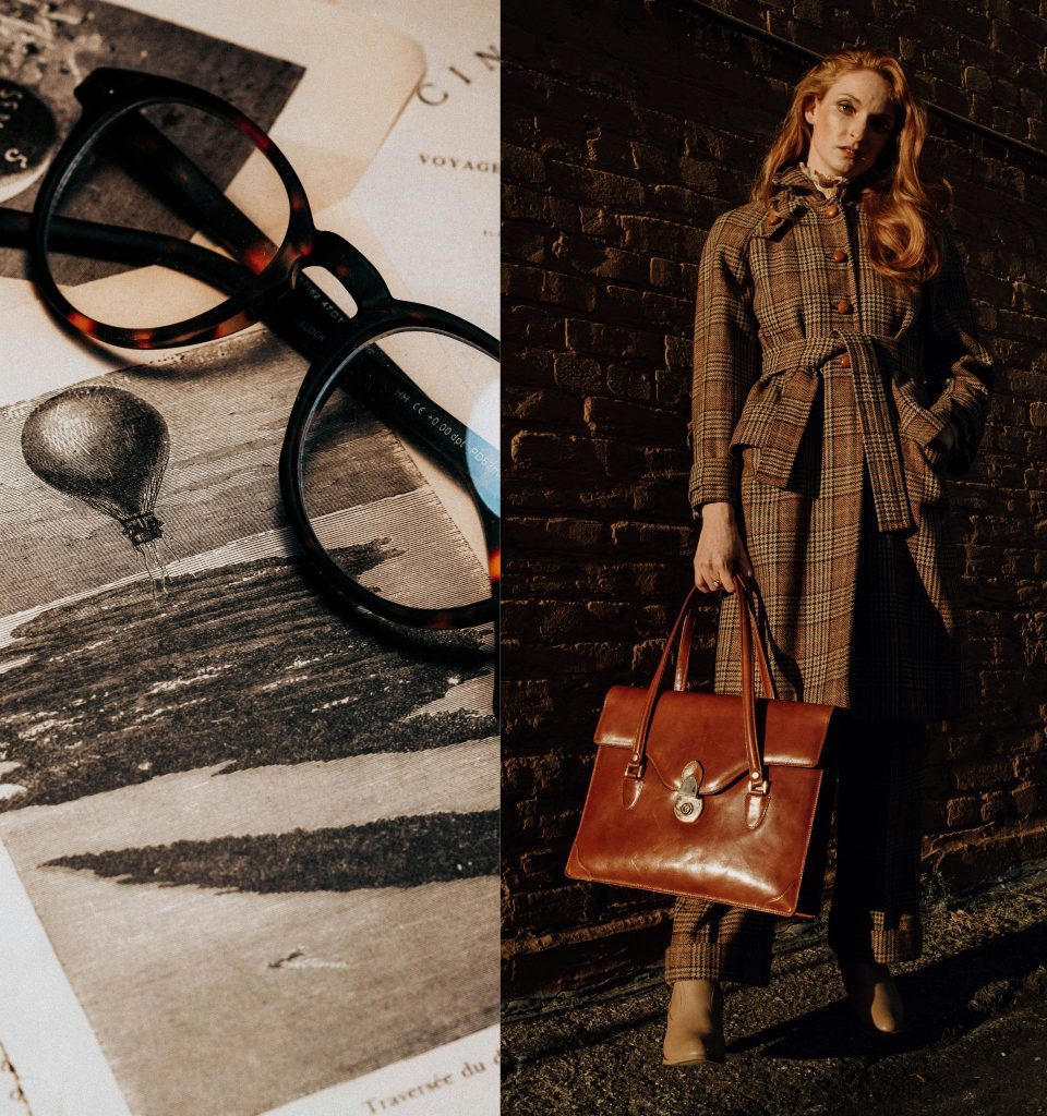 (Left) Woman holding a brown leather satchel up against her long, brown tweed coat (Right) Dark, round, tortoiseshell glasses