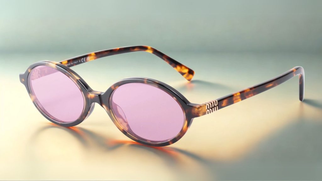 Miu Miu MU 04ZS oval sunglasses with a tortoiseshell frame, pink lenses, and gold temple accents