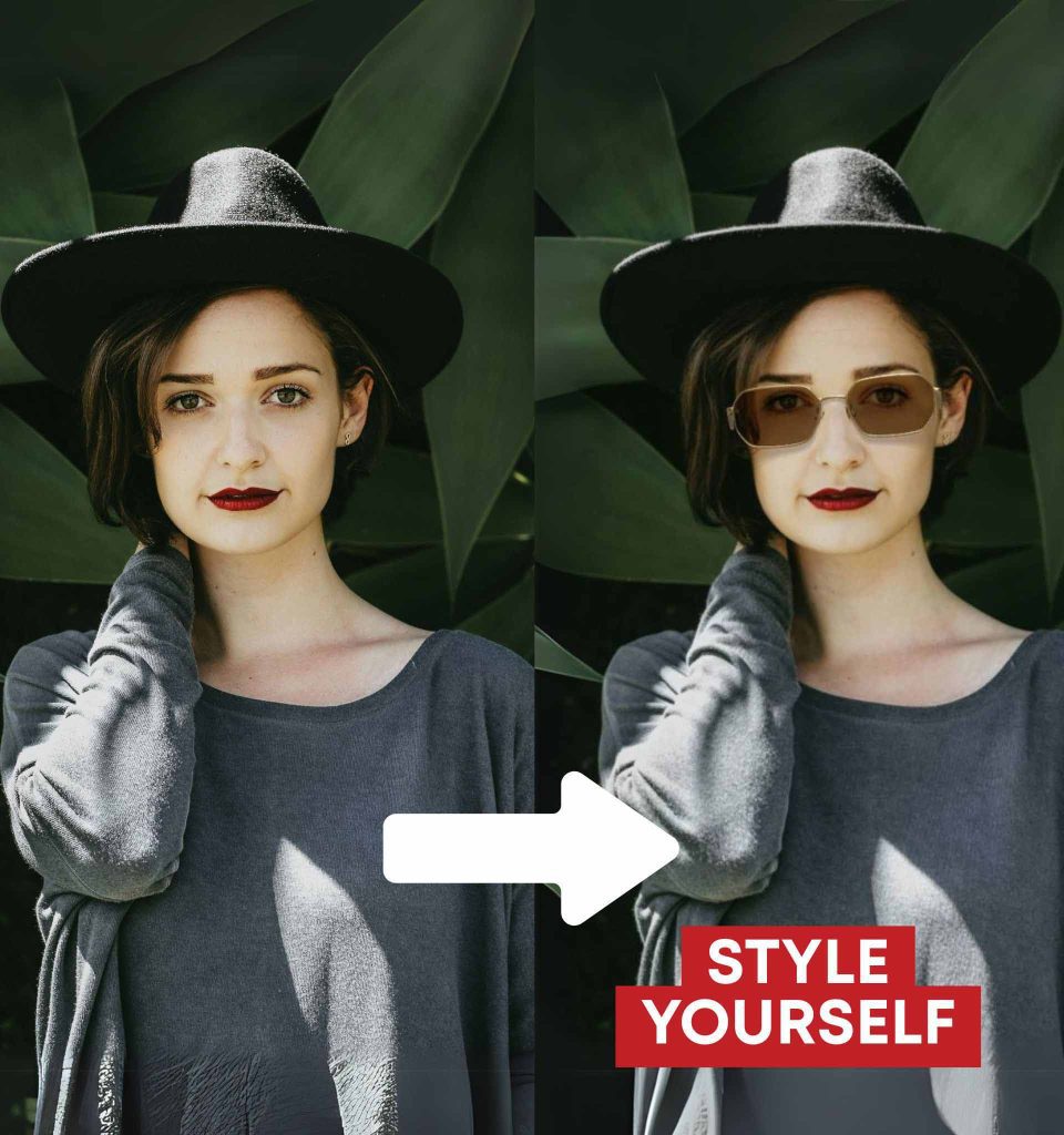 (Left) A woman wearing a grey shirt and black brimmed hat (Right) The same woman now also wearing Prada PR A51S sunglasses