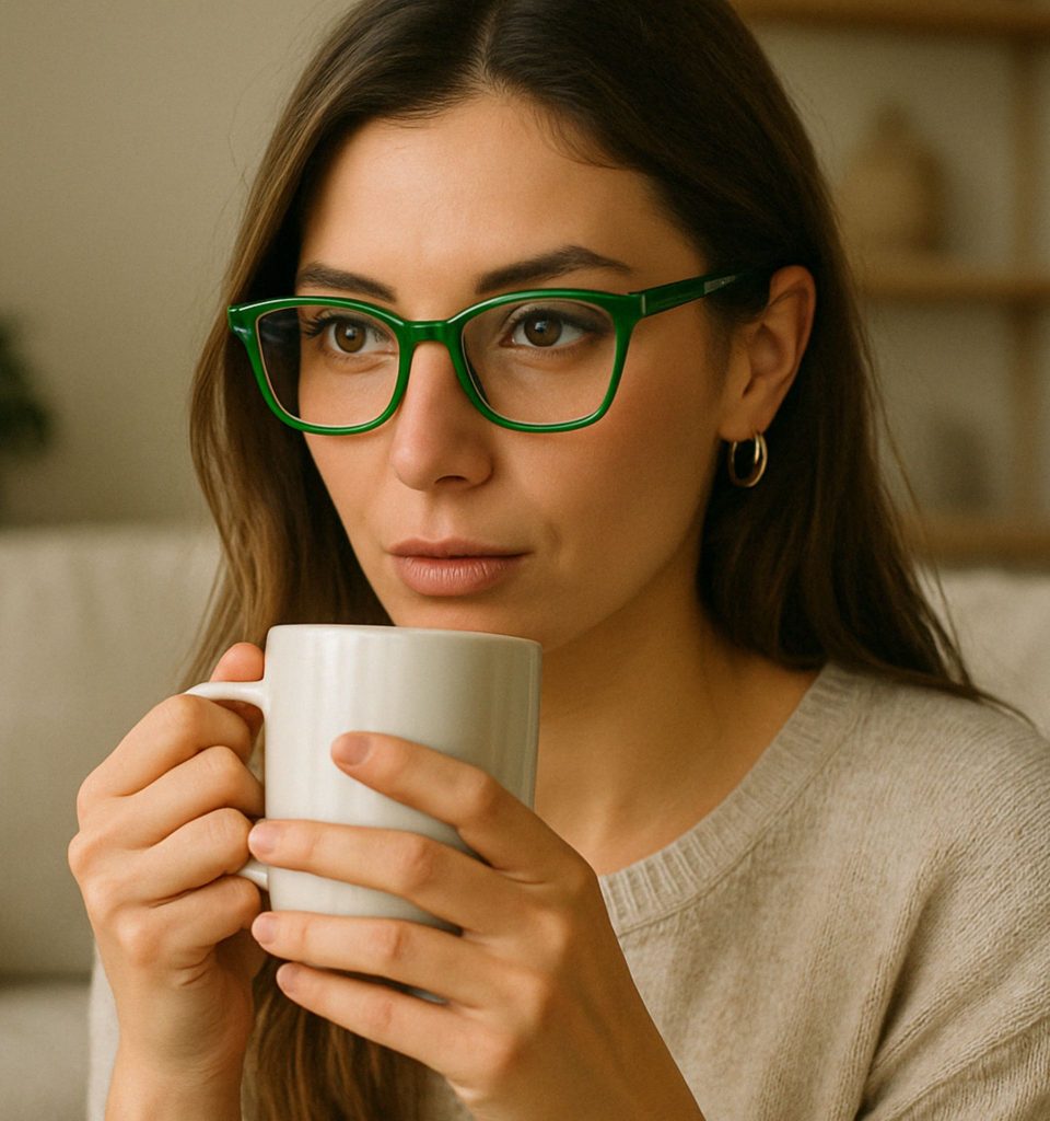 A brown-haired woman wearing a beige sweater, gold hoop earrings, and eyeglasses with green frames