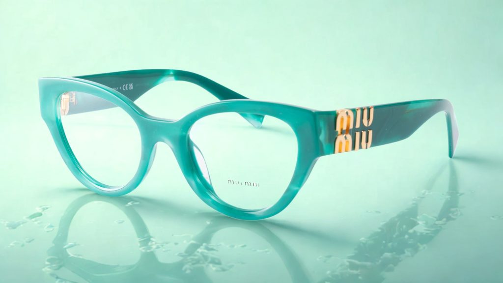 Miu Miu MU 01VV bright green cat-eye eyeglasses with gold logos on the arms