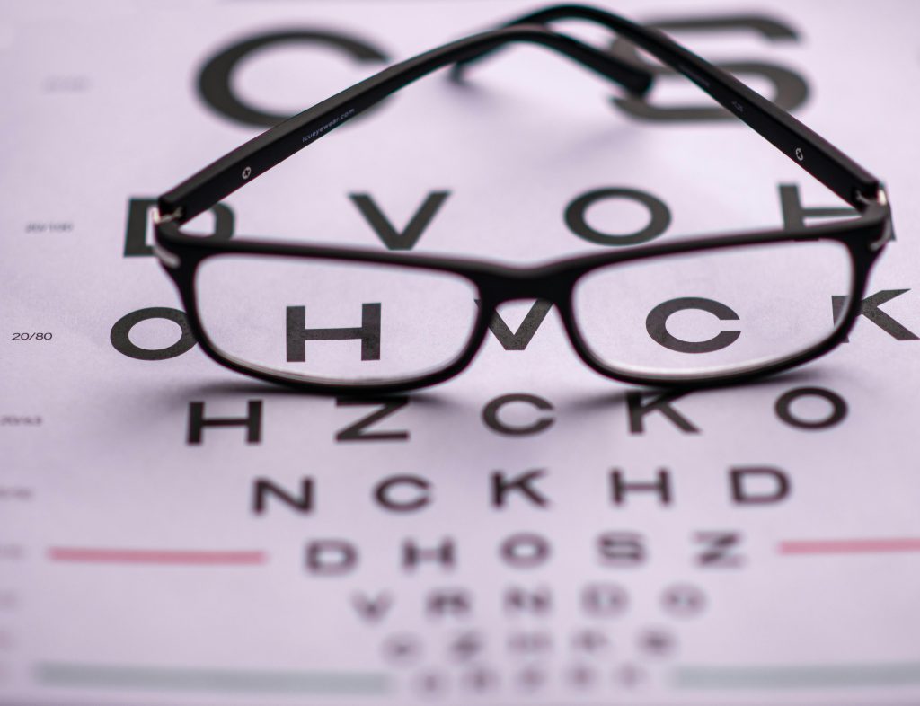 A pair of eyeglasses on a vision testing chart