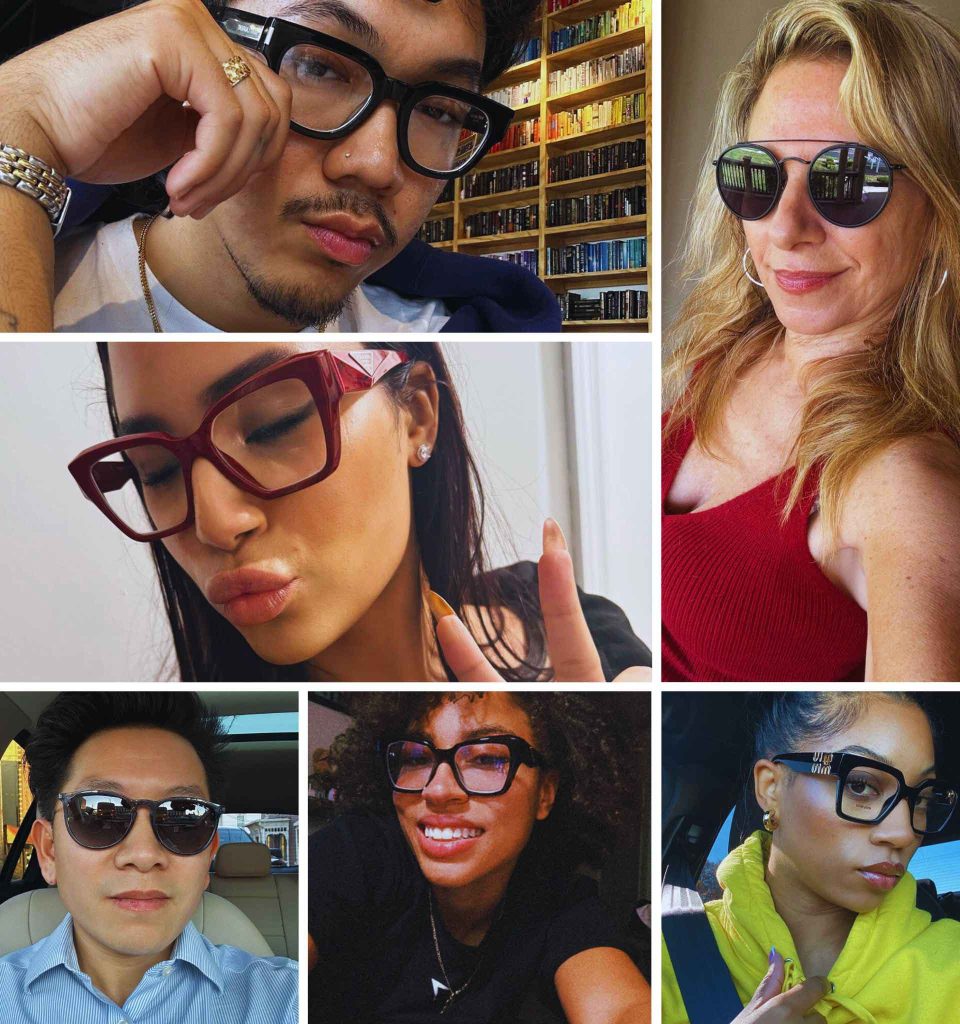 A collage of EZContacts customers showing off various eyewear purchases, from classic black glasses to cool round shades