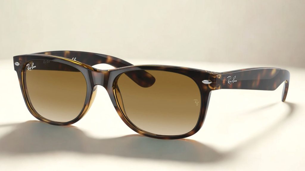 Ray-Ban RB2132 NEW WAYFARER sunglasses featuring light Havana frames and gradient lenses