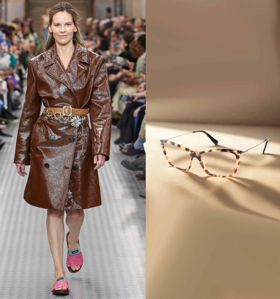 (Left) Miu Miu runway model wearing a sleek brown leather trench coat (Right) Miu Miu MU 01UV tortoiseshell eyeglasses
