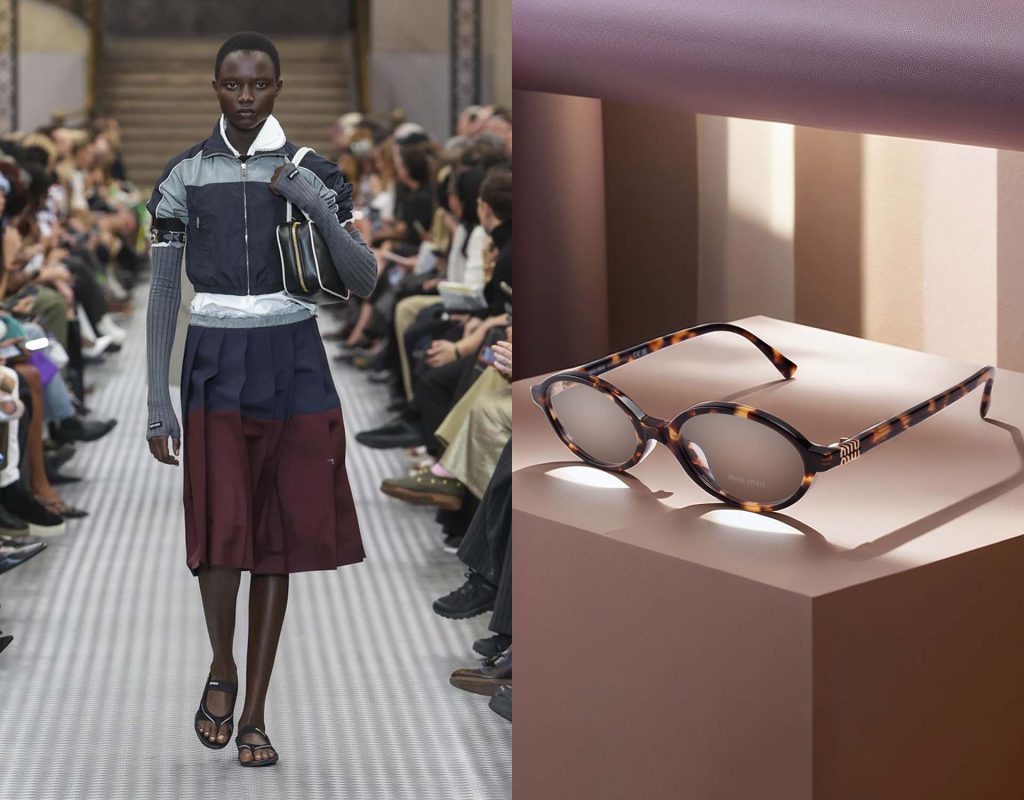 (Left) Model on the runway wearing a sports jacket and pleated A-line skirt, (Right) Miu Miu MU 01XV tortoiseshell glasses