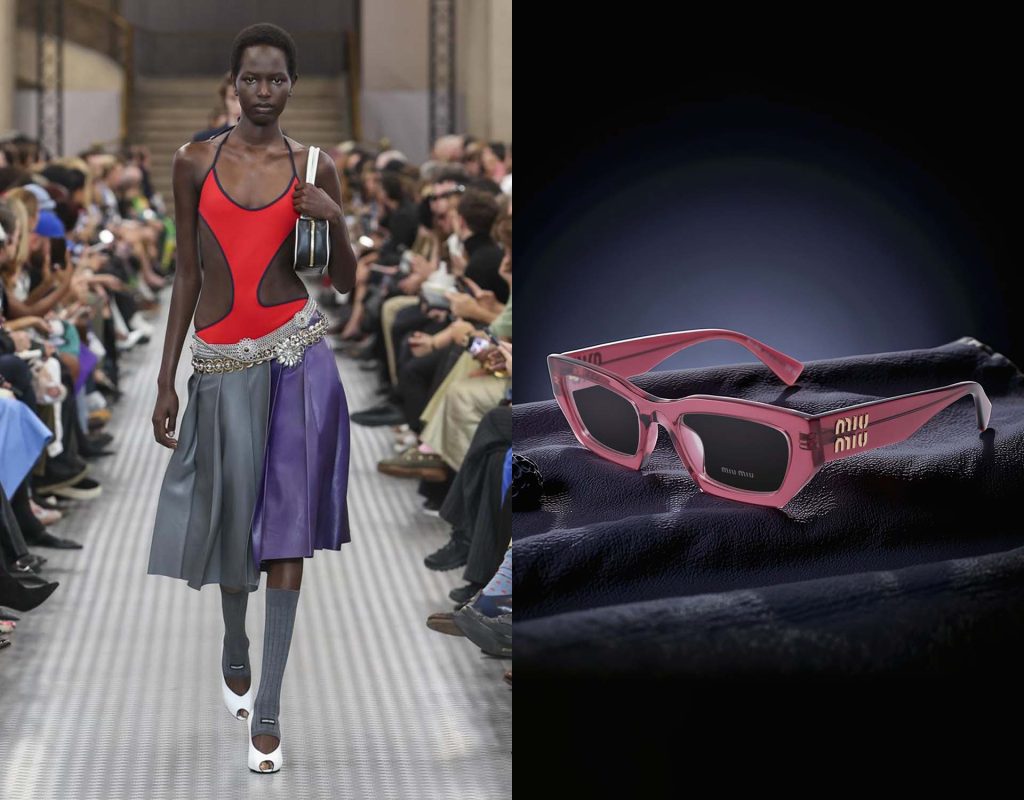 (Left) Woman wearing a red bodysuit with grey A-line skirt on the Miu Miu runway, (Right) Miu Miu MU 03XV eyeglasses