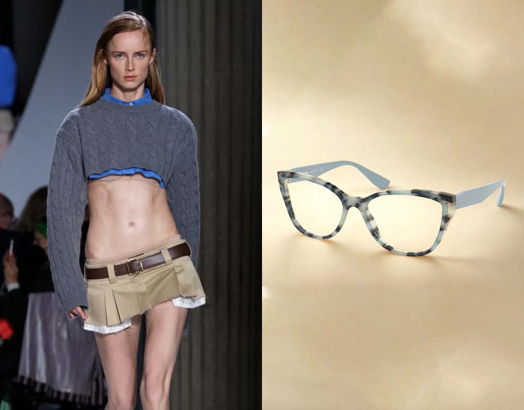 (Left) Miu Miu runway model wearing a micro mini skirt and knitted pullover, (Right) Miu Miu MU 04SV CORE COLLECTION glasses