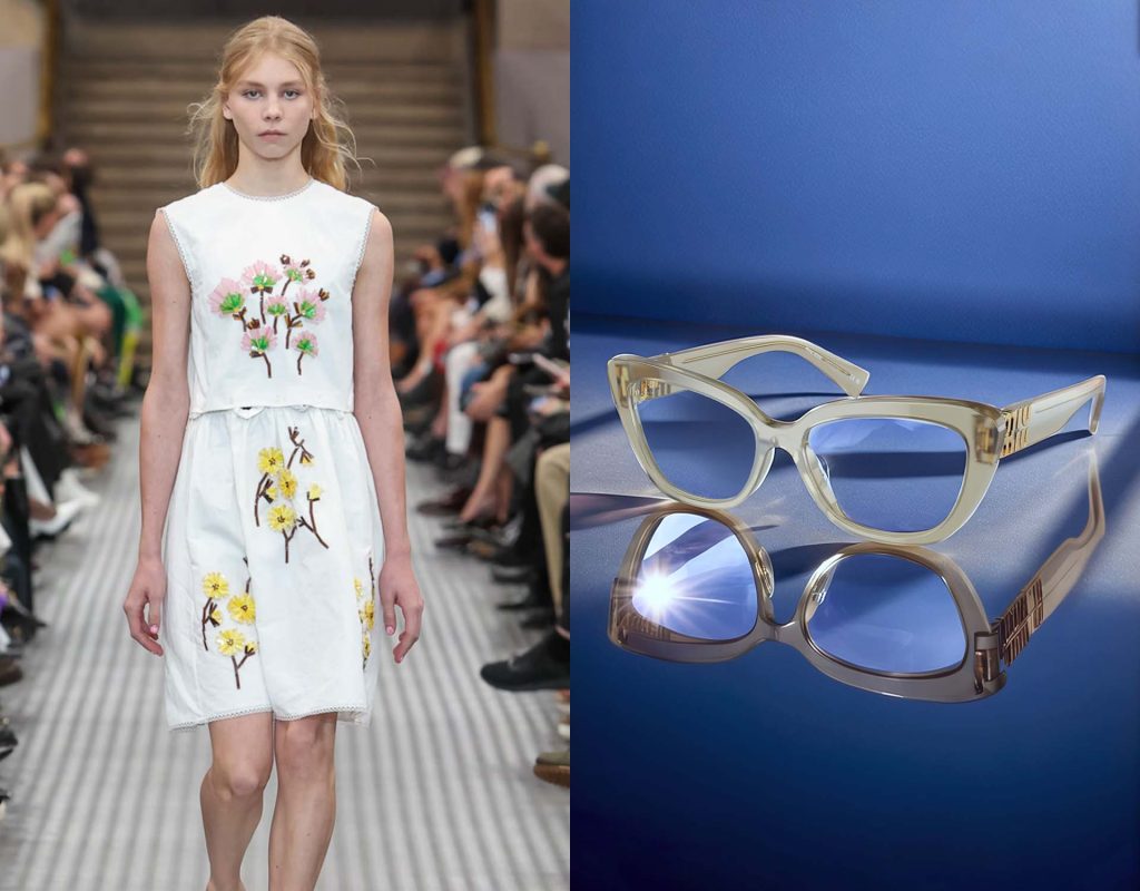 (Left) Miu Miu runway model wearing a two-piece skirt and blouse with floral motif, (Right) Miu Miu MU 05VV cat-eye eyeglasses