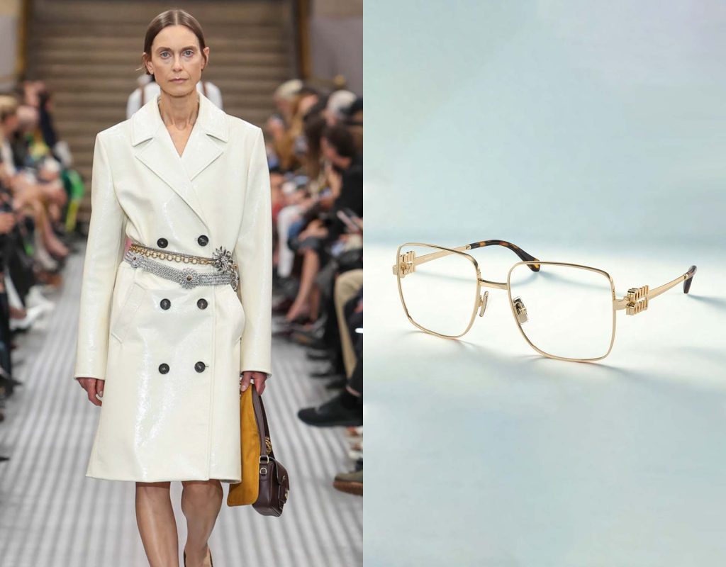 (Left) Miu Miu runway model wearing a tailored cream trench coat, (Right) Miu Miu MU 51XV gold-framed eyeglasses
