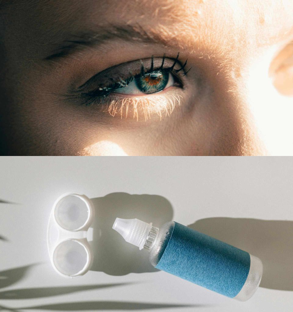 (Top) Close-up of a light blue eye (Bottom) Contact lenses in a case alongside a bottle of solution