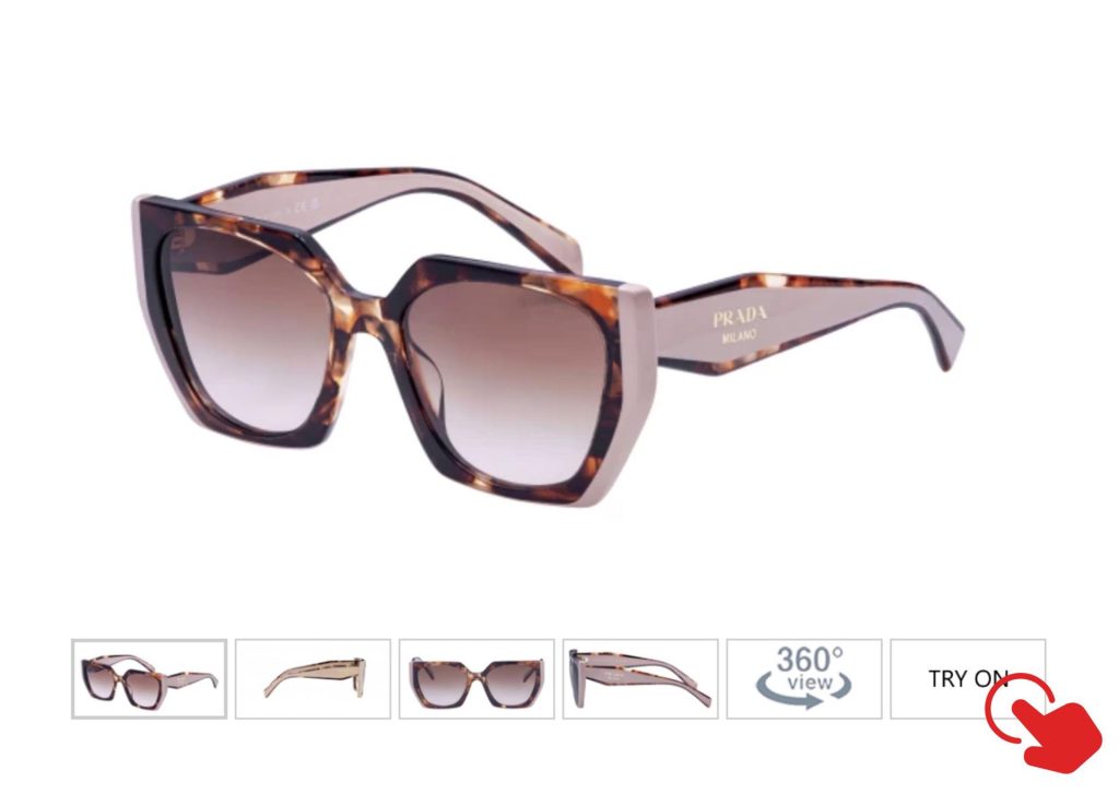 Virtual “TRY ON” option beneath the EZContacts product photo for Prada PR 15WS sunglasses