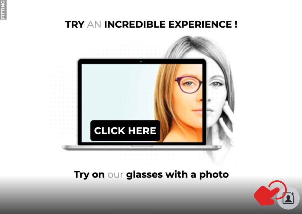 EZContacts Fittingbox interface with an icon to enable the camera or upload a photo highlighted in the lower right corner