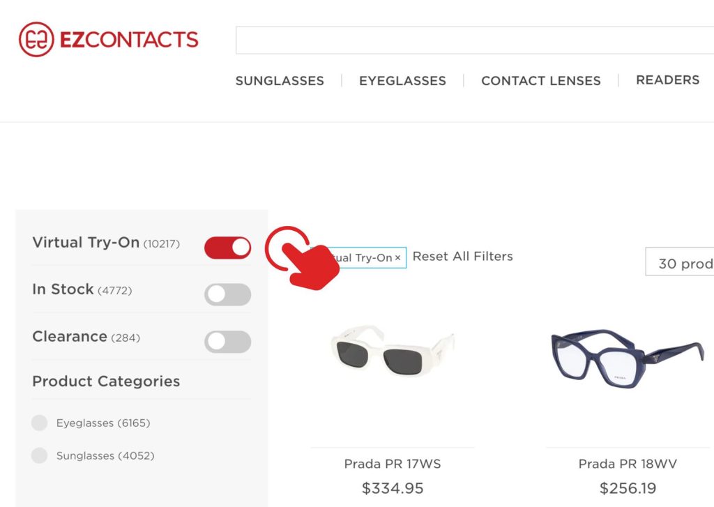 Virtual Try-On selection in EZContacts filter settings