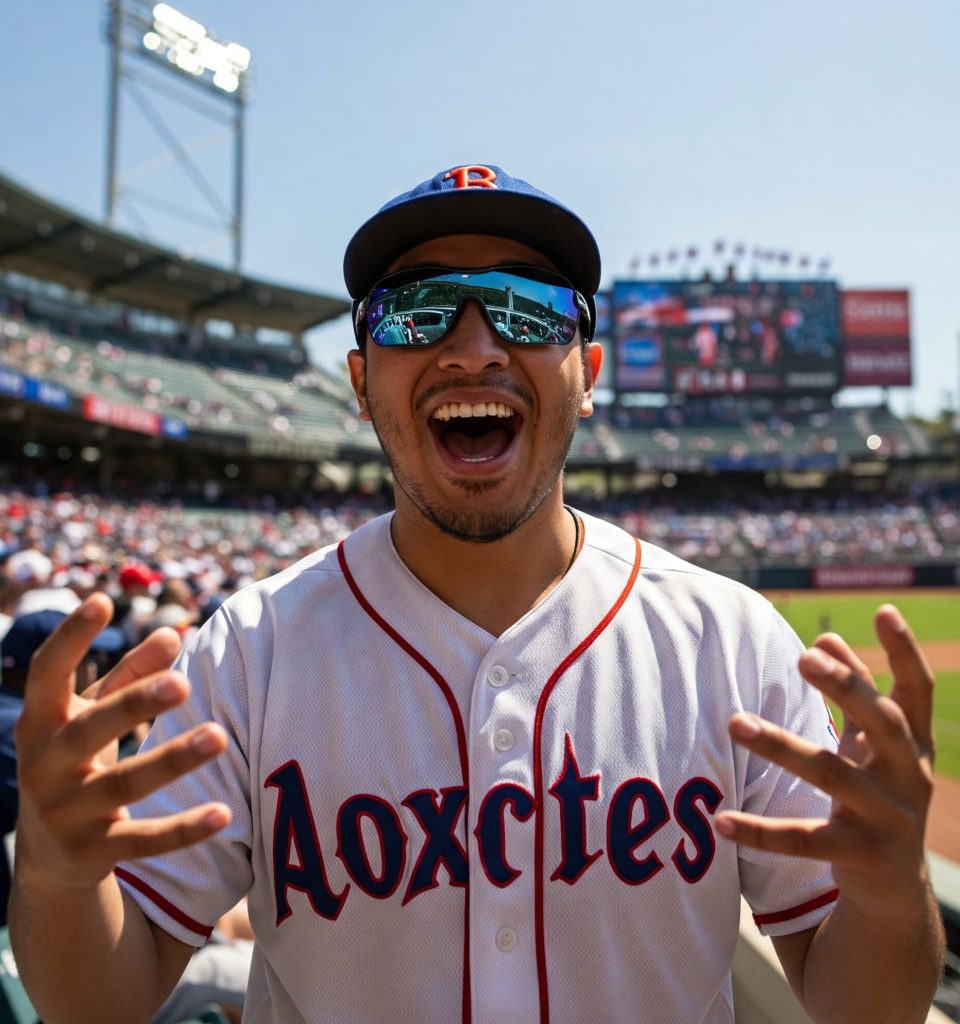 An excited baseball fan wearing wraparound, mirrored baseball sunglasses with a jersey and cap