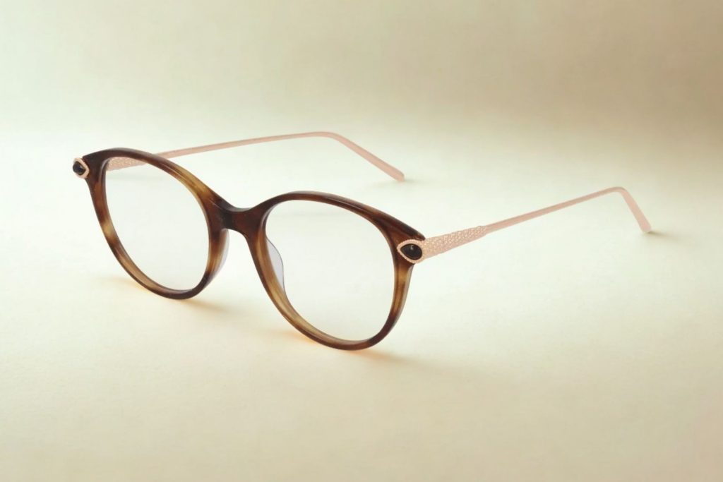 Gold Boucheron cat-eye frames for women, featuring light gold arms with decorative black studs and etchings on the hinges