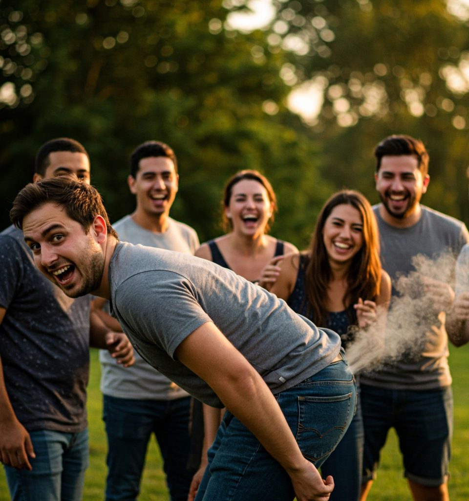 A man laughs as he experiences a bout of flatulence right in front of his friends