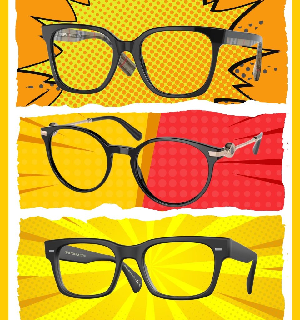 Burberry Evelyn black square frames, BVLGARI BV4202 black round frames, and Oliver Peoples OV5332U Ryce frames