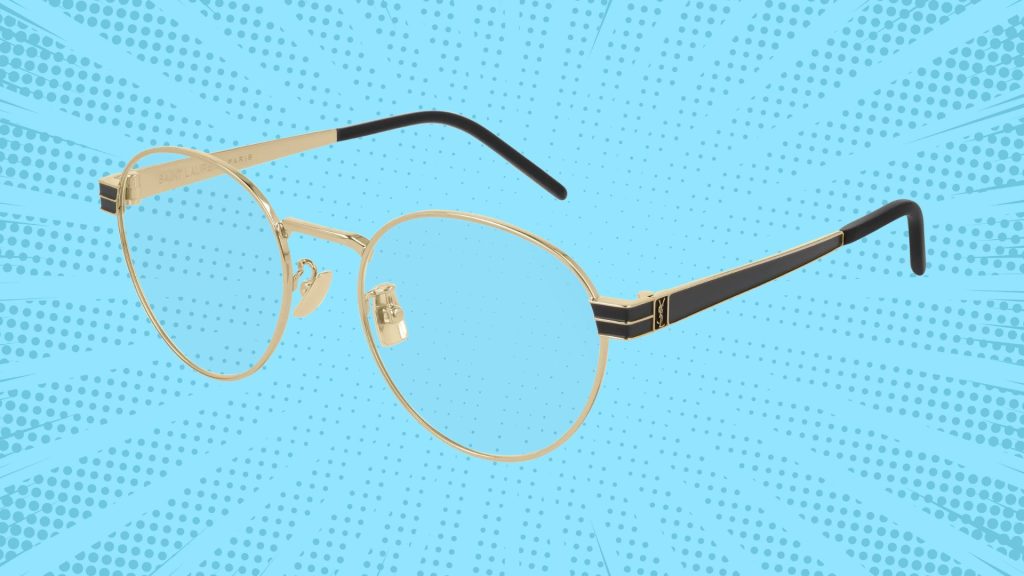 Saint Laurent SL M63 round eyeglasses featuring gold frames with black arms