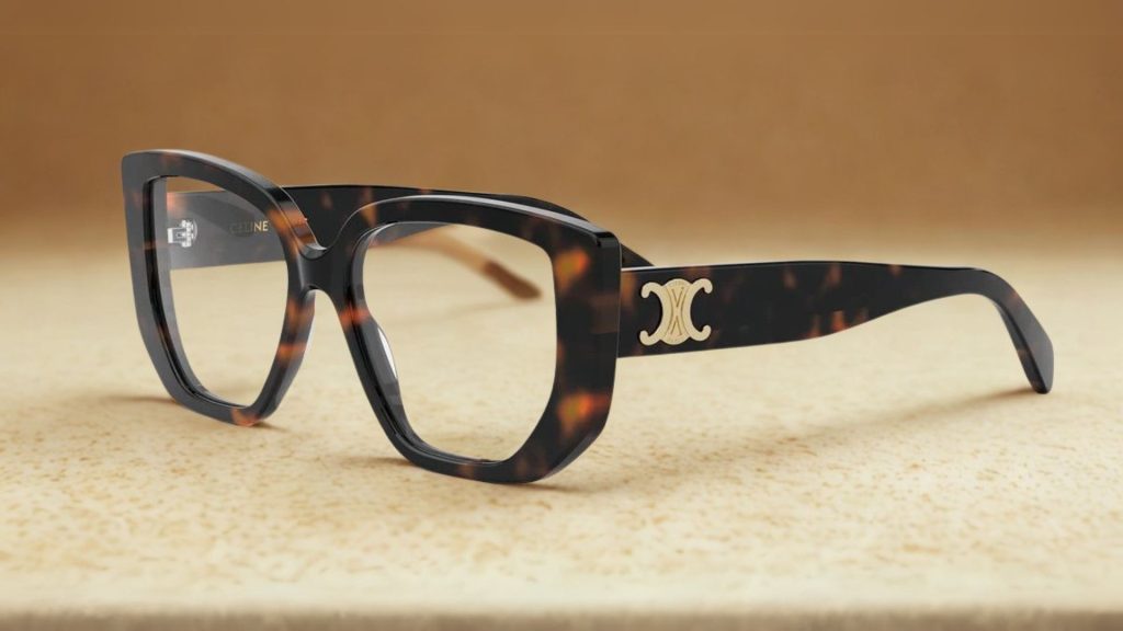 CELINE CL50146I square eyeglasses featuring thick tortoiseshell frames and gold logos on the arms