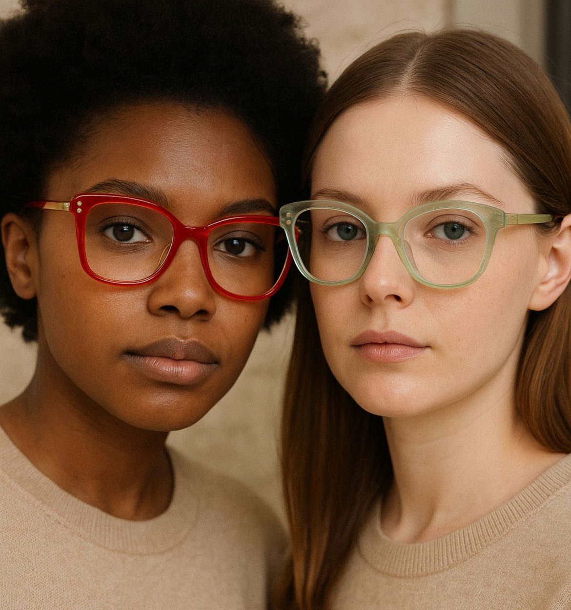 Two women wearing translucent CELINE eyeglasses, one in bold red frames and the other wearing the same style in pale green
