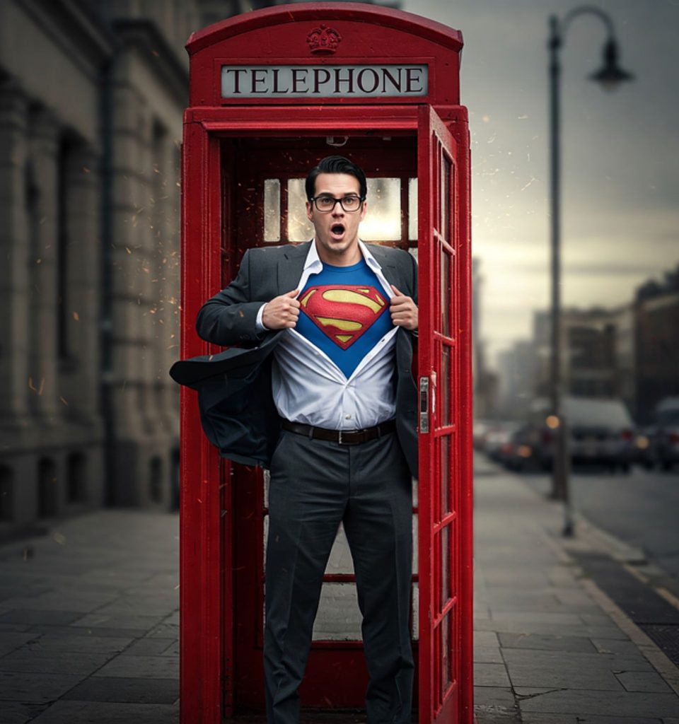 Clark Kent standing inside a telephone booth wearing black-rimmed glasses, his Superman suit visible under his business attire