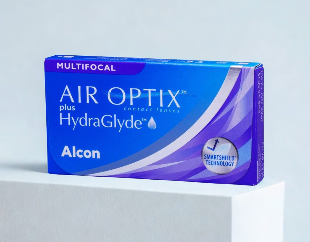 A box of Alcon AIR OPTIX plus HydraGlyde Multifocal contact lenses with SmartShield technology