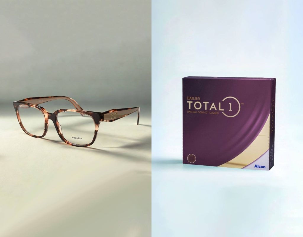 (Left): Prada Caramel Havana square frames with corrective lenses; (Right) Alcon Dailies Total 1 contact lenses