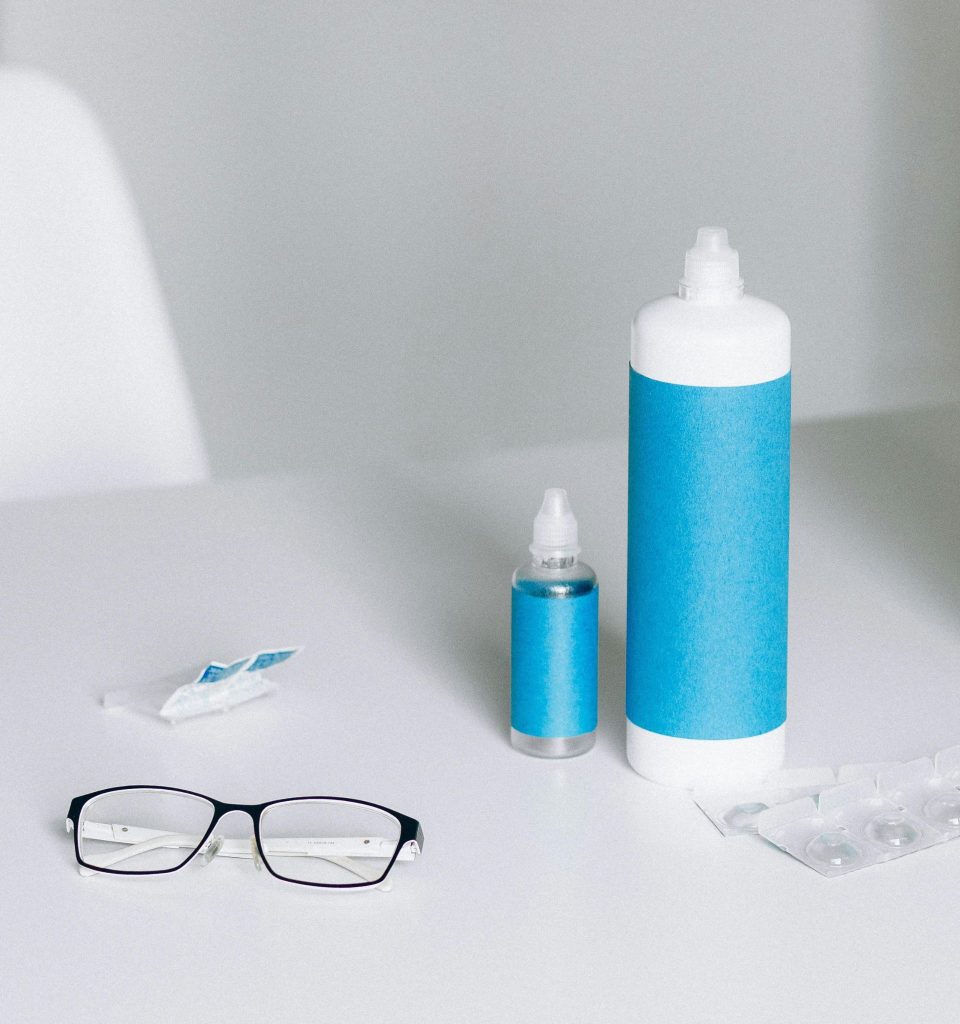 Contact lens solution, eye wash solution, glasses, and contact lens blister packets