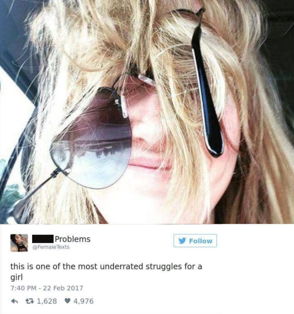 Meme of a woman with her glasses tangled in her blonde hair
