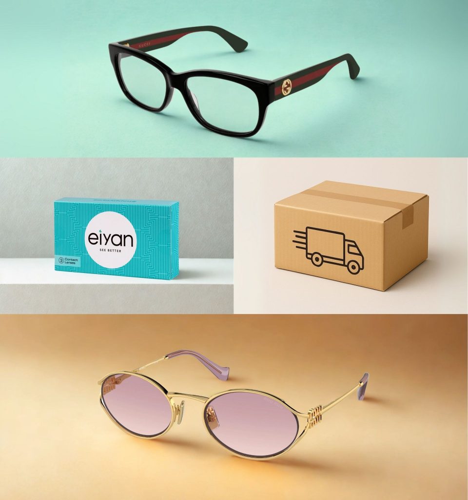 (Top) Gucci GG02780 glasses, (Right) Shipping box, (Bottom) Miu Miu MU 52YS sunglasses, (Left) Eiyan contact lenses