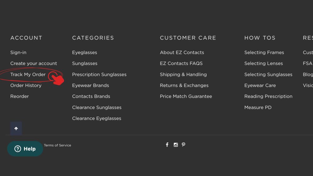 A finger pointing to the "Track My Order" link in the EZContacts.com website footer