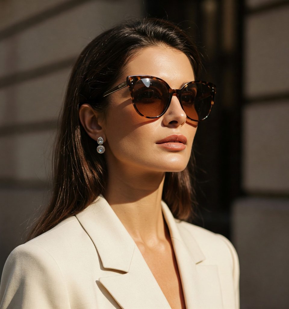 A fashionable woman, striking a pose in oversized, tortoiseshell Jackie O-style sunglasses