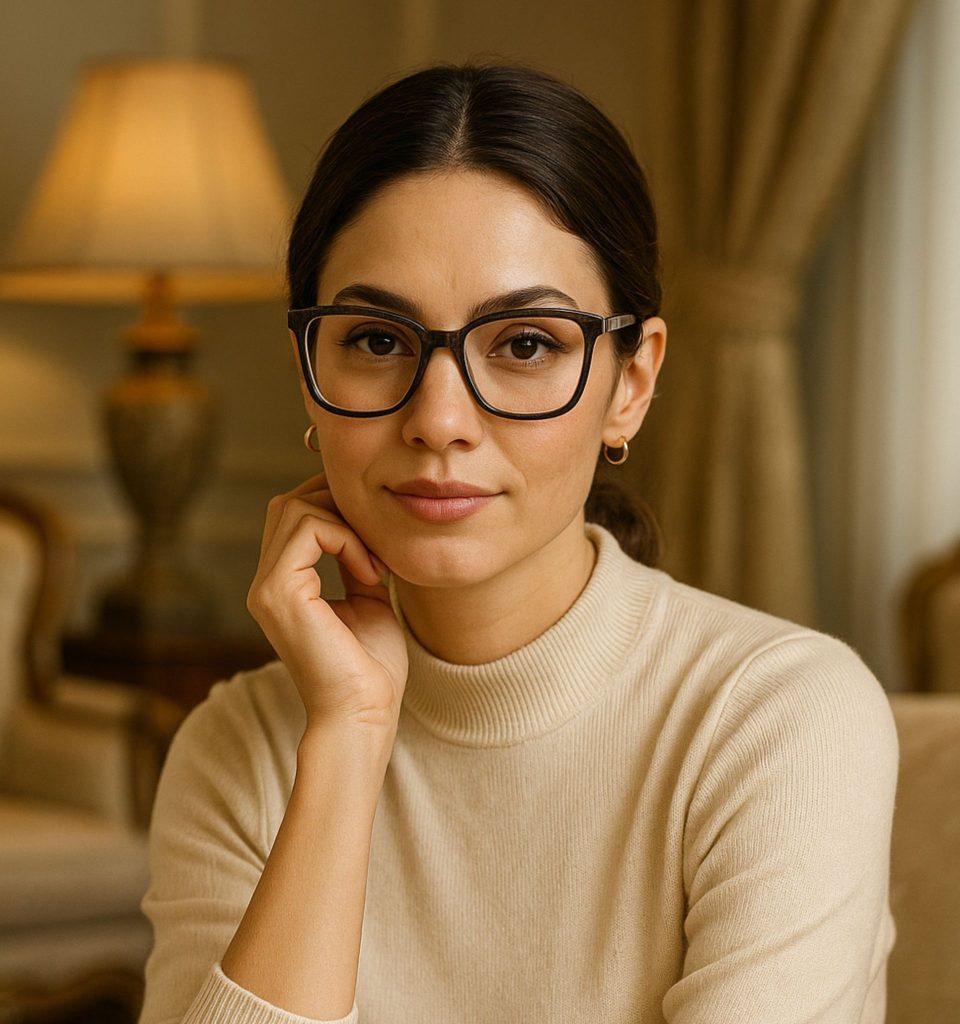 A woman wearing brown Michael Kors SITKA Glasses with a light beige mock turtleneck sweater