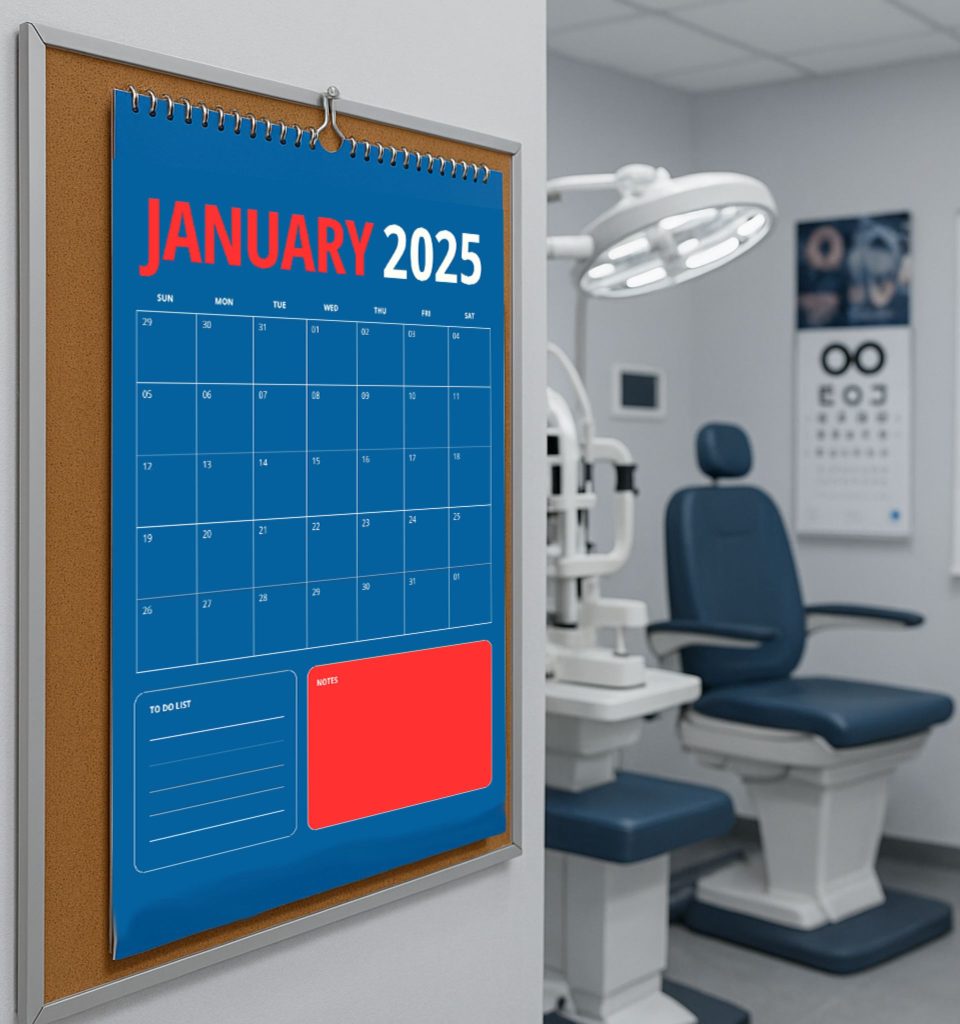 A calendar hangs on the wall of an ophthalmology exam room