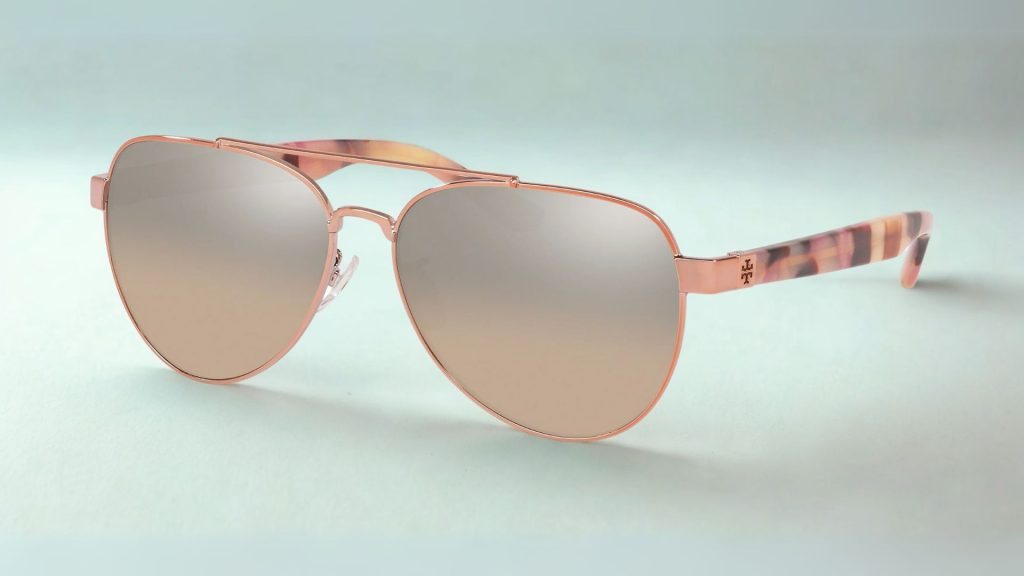 Tory Burch TY6070 aviator sunglasses featuring rose gold frames and brown mirrored lenses
