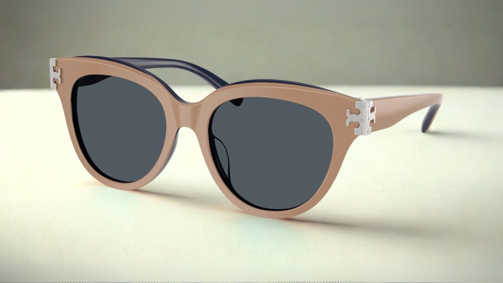 Tory Burch TY7209U cat-eye sunglasses featuring brown frames and grey lenses