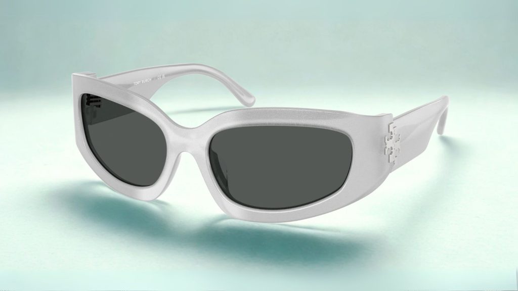 Tory Burch TY7211 sporty sunglasses featuring wraparound, pearlized-grey frames and dark grey lenses
