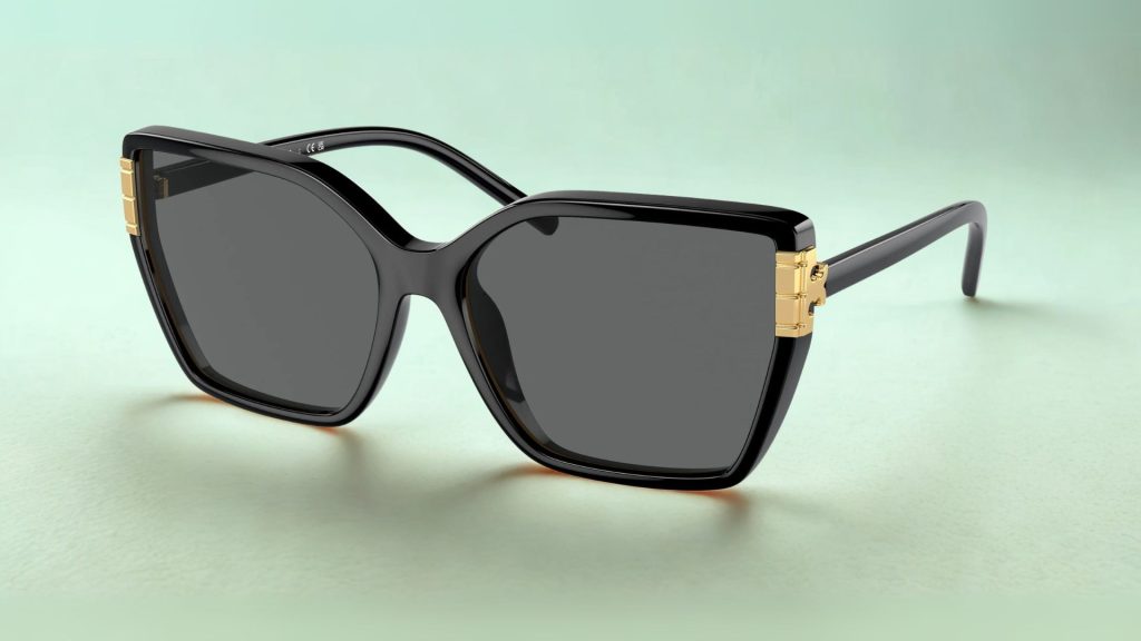 Tory Burch TY9076U oversized square sunglasses featuring black frames and gold detailing at the arm hinges