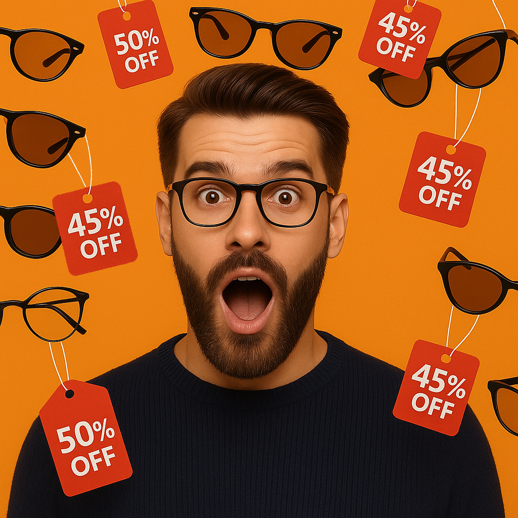 Shocked Shopper Surrounded by Sales Tags