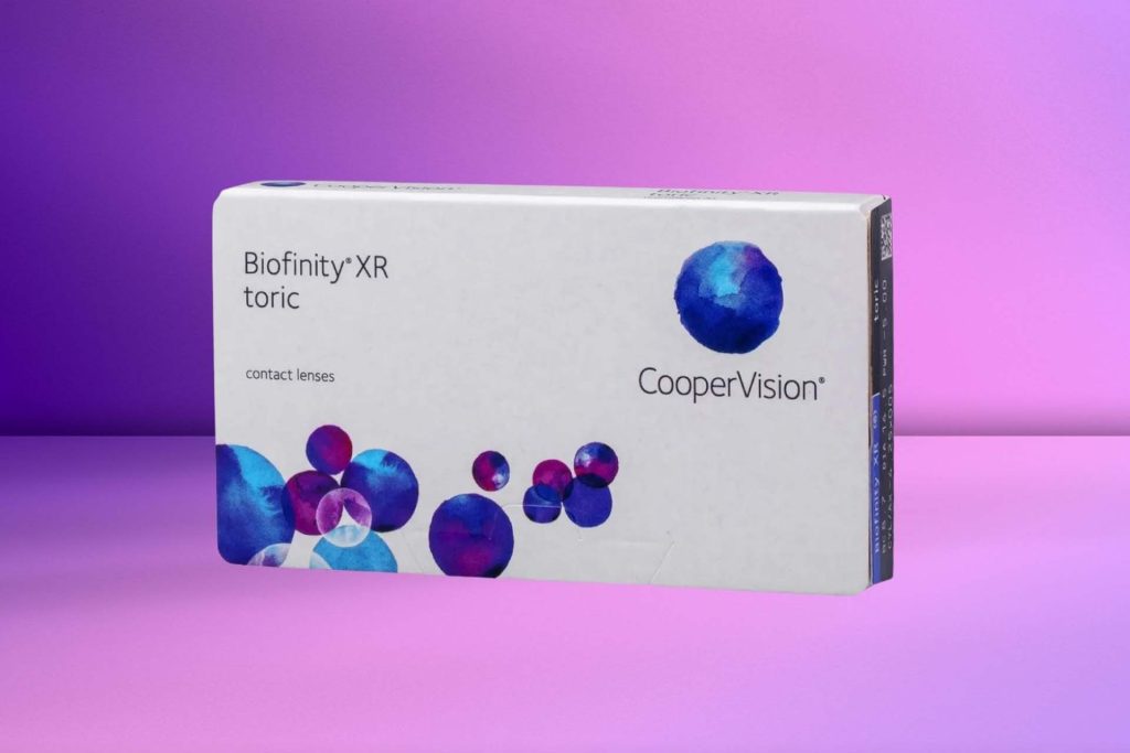 A box of Biofinity XR Toric contact lenses