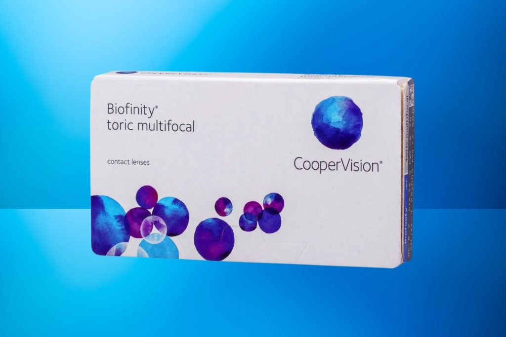 A box of Biofinity Toric contact lenses