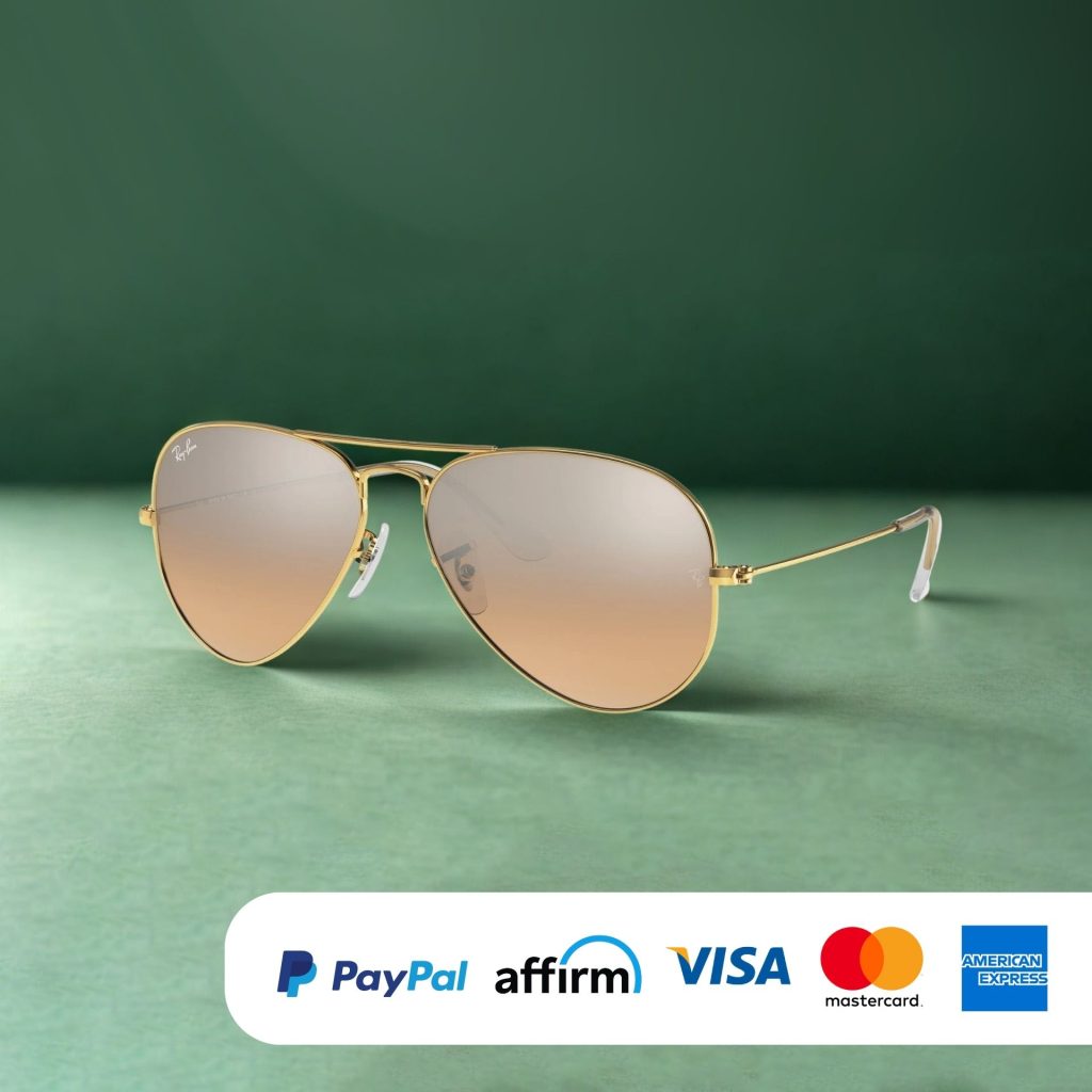 Ray-Ban RB3025 AVIATOR LARGE METAL sunglasses and the logos for PayPal, Affirm, VISA, MasterCard, and American Express