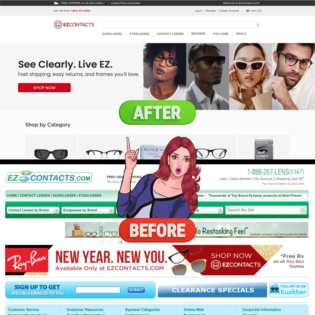 A visual of the old website compared to the new website