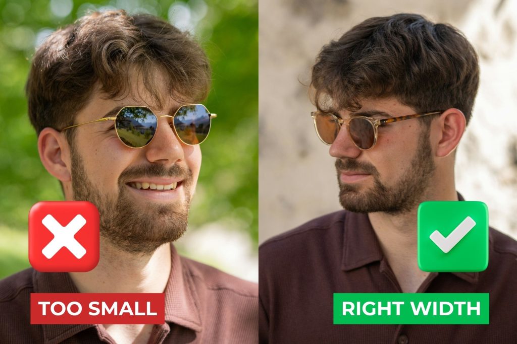 (Left) A man wearing round, gold-framed sunglasses, (Right) The same man wearing better-fitting round sunglasses