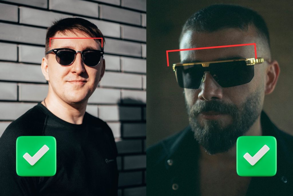 (Left) Man wearing black pullover and black round sunglasses (Right) Man wearing mask sunglasses featuring a shiny gold brow bar and arms