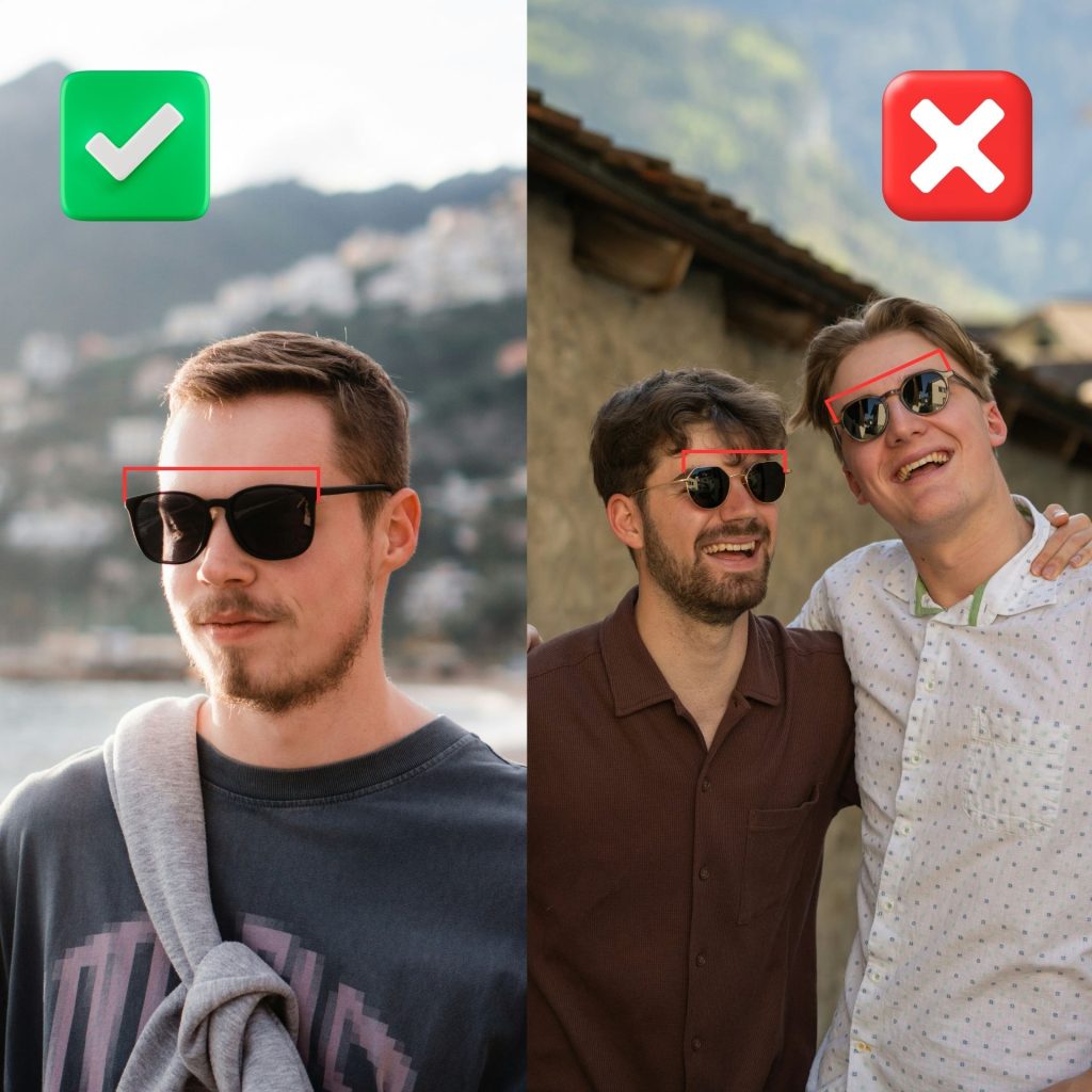 (Left) Man wearing black rectangular sunglasses; (Right) two men wearing round sunglasses