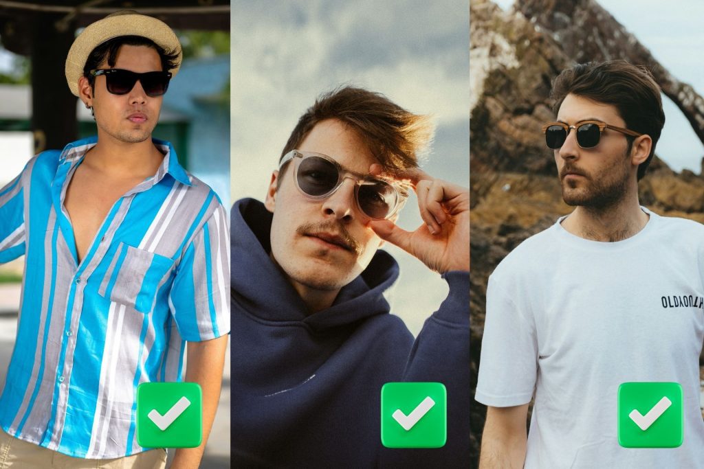 (L) Man wearing black rectangle sunglasses, (C) man wearing transparent sunglasses, (R) man wearing brown round sunglasses